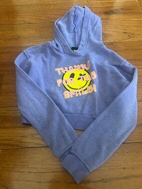 love J Lavender Cropped Hoodie with Yellow Smiley Graphic